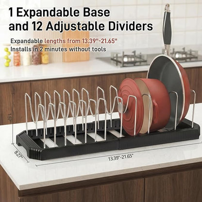 Pots and Pans Organizer for under Cabinet, Pan Pot Organizers inside Cabinet, Expandable Organizer with 12 Adjustable Dividers for Cookie Sheets, Cutting Boards, Pot Lids, Cookware - Pan Rack, Black - Image 3
