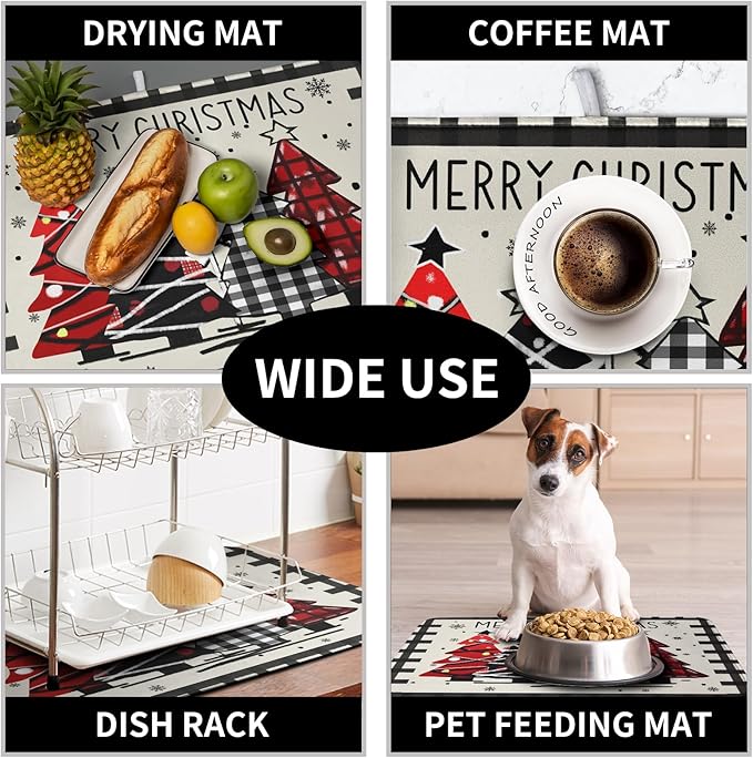 Christmas Trees Kitchen Dish Drying Mat 18x24 Inch Merry Christmas Black White Buffalo Plaid Dish Drainer Mat Absorbent Reversible Microfibe Drying Dish Pad for Winter Kitchen Counter Decor - Image 7