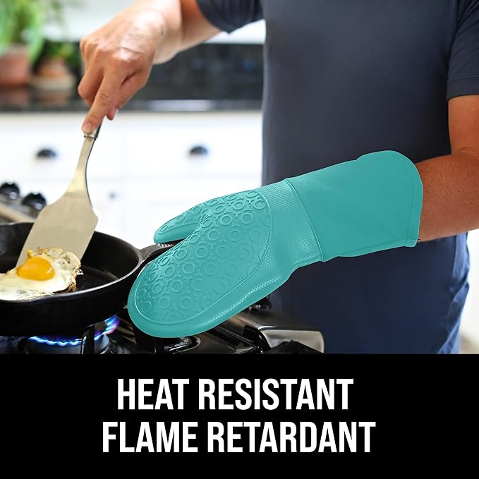 BPA-Free Soft Silicone Oven Mitts - Ultra Heat Resistant Oven Mitts with Thick Cotton Liner - Long Slip Resistant Pot Holders, Flexible Oven Gloves - Turquoise 13.7" - Image 3