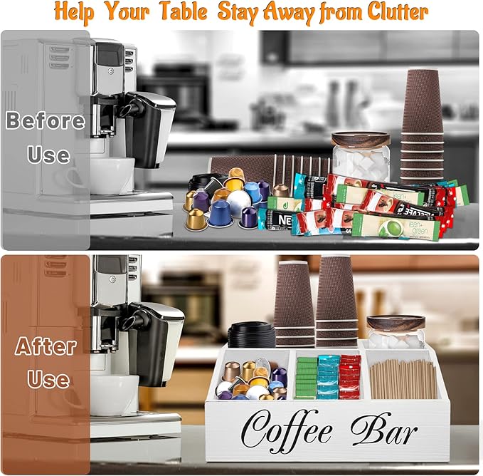 ugiftt Coffee Station Organizer for Counter, Wood Coffee Pods Holder Storage Basket, Tea Condiment Storage Organizer, Rustic Wood Bar Decor for Accessories - Image 6