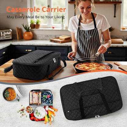 Insulated Casserole Carrier Portable Food Tote for Hot or Cold – Fits 9"x13" Baking Dish, Lasagna Holder for Parties, Picnic, Travel, Beach - Black
