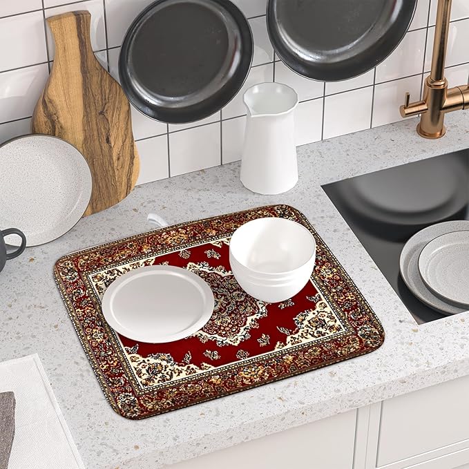Giwawa Vintage Boho Dish Drying Mat Antique Tribal Rustic Red Floral Dish Drainer Mats 16"x18" Ethnic Carpet Microfiber Reversible Dish Drying Rack Pad Protector for Kitchen Countertop Decor