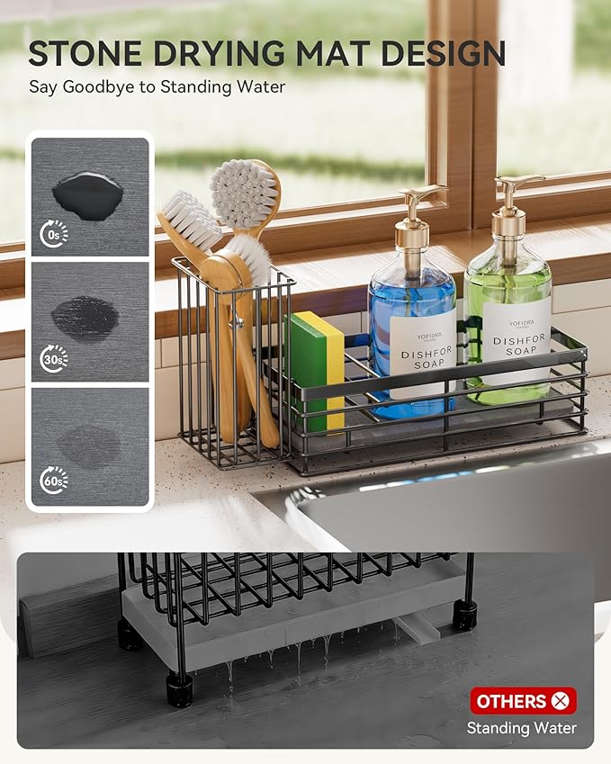 Yofidra Sponge Holder for Kitchen Sink, Sink Caddy Organizer with Stone Drying Mat, Kitchen Countertop Organizers and Storage Essentials, 304 Stainless Steel (Black, 9.3″) - Image 2