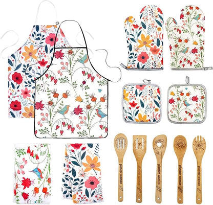 13 Pcs Kitchen Stuff Accessories Include 5 Cute Wooden Spoons & 2 Kitchen Oven Mitts & 2 Pot Holders & 2 Kitchen Apron & 2 Kitchen Towel,Gifts for Women