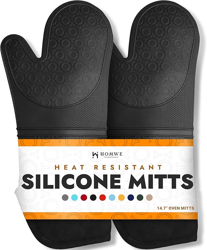 BPA-Free Silicone Oven Mitts Ultra Heat Resistant up to 500°F - Oven Mitts with Thick Cotton Liner - Long Slip Resistant Pot Holders, Flexible Oven Gloves - Black 14.7 by HOMWE