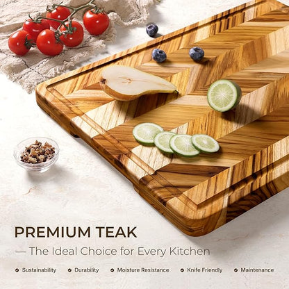 Teak Wood Cutting Board for Kitchen Extra 20'' Large End Grain Heavy Duty Checkered Wooden Cutting Board Non Toxic Herringbone Non Slip Charcuterie Butcher Block with Juice Groove & Handle Gift Box - Image 2
