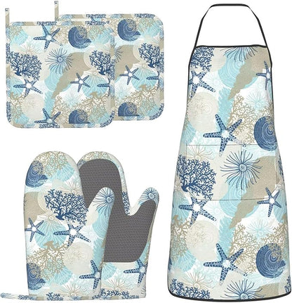 Nautical Coastal Oven Mitts Pot Holders Cooking Apron Set of 5 Silicone Starfish Seashell Coral Algae Beach Themed Blue Kitchen Glove Apron Non-Slip Heat Resistant for Chef Baking Cooking