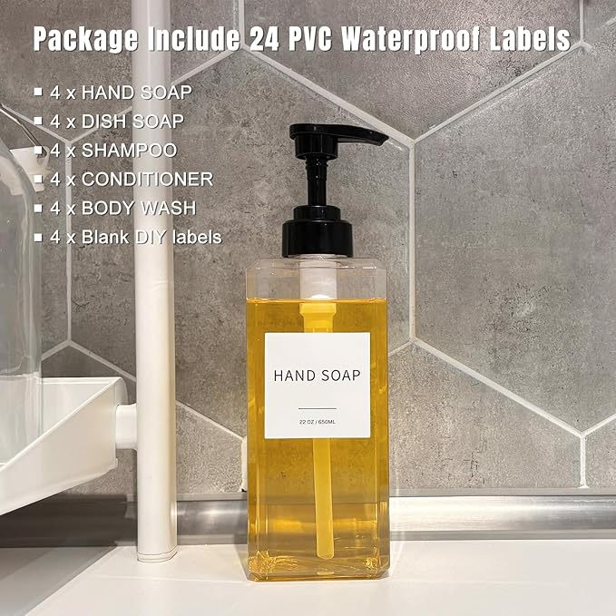 Clear Soap Dispenser with Waterproof Labels, Thickened Plastic Hand Soap Dispenser for Bathroom, Kitchen Dish Washing Liquid Bottles, Shampoo and Conditioner Bottles with Funnel (22oz 4Pack Clear) - Image 3