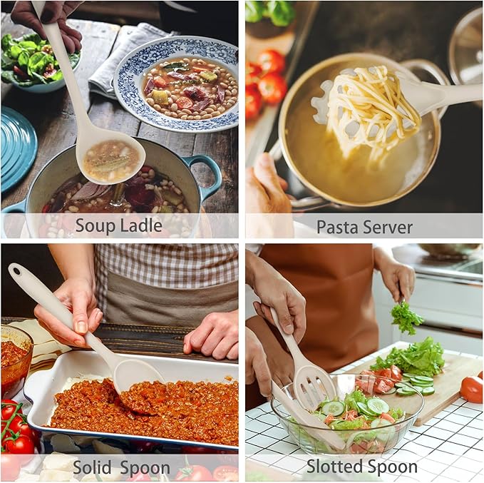 P&P CHEF Silicone Cooking Utensils Set of 7, Heat-proof Kitchen Utensils Set for Nonstick Cookware, Non-stick Spatula, Slotted Turner, Soup Ladle, Pasta Server, Spoon for Cooking Serving - Khaki - Image 4