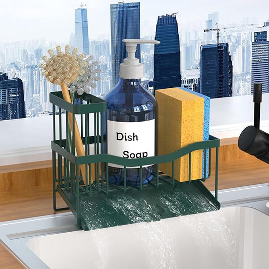 Fssvcd Maifan Sink Caddy Sponge Holder for Kitchen with Brush Holder and Stainless Steel Self Drain Tray, Rustproof Kitchen Sink Organizer for Sponge, Soap Dispenser Storage Accessories Dark Green by Unknown