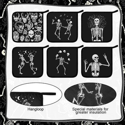 Bencailor 12 Pcs Pot Holders with Pocket Kitchen Hot Potholders Hot Pad Oven Mitts Cookie Bag Oven Gloves for Kitchen Gift Baking Cooking (Black,Skull 2)