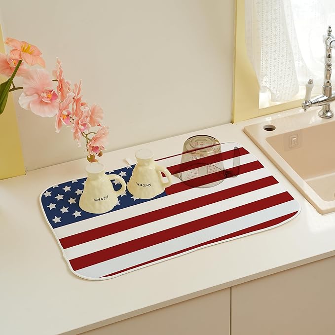 Memorial Day Dish Drying Mats 18x24 Independence Day Red American Flag Striped Star Drying Mats Patriotic Outdoor Decoration Absorbent 4th Of July Drying Pad for Counter Kitchen Dining Room