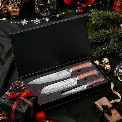 YOTSUBA 3 PCS Japanese Kitchen Knife Set, Razor Sharp High Carbon Stainless Steel Chef Knives with Ergonomic Natural Rosewood Handle, Premium Gift Box for Home & Restaurant Use