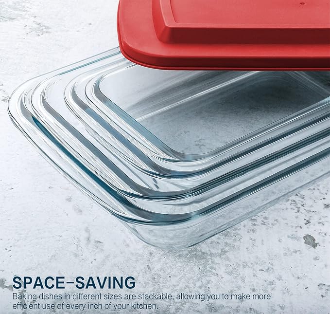 8-Piece Deep Glass Baking Dish Set with Plastic lids,Rectangular Glass Bakeware Set with Lids, Baking Pans for Lasagna, Leftovers, Cooking, Kitchen, Freezer-to-Oven and Dishwasher, Red - Image 3