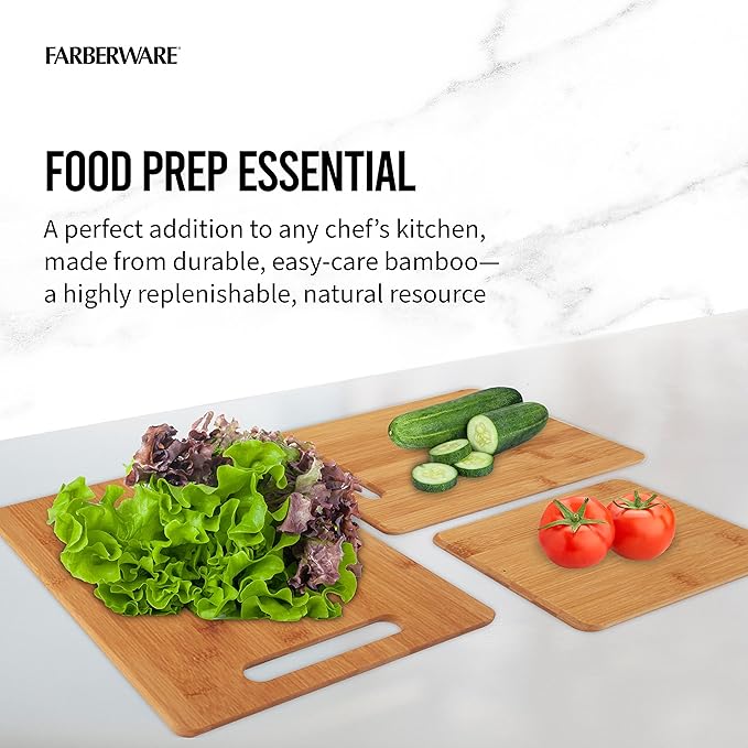 Farberware 3-Piece Wood Cutting Board Set,Reversible Chopping Boards for Meal Prep and Serving,Charcuterie Boards,Wooden Cutting-Boards with Built-in Handles,Set of 3 Assorted Sizes,Bamboo,(Pack of 3) - Image 2