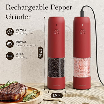 Ultrean Pepper Grinder, Rechargeable Salt and Pepper Grinder with 6 Adjustable Coarseness, LED Light, Automatic Salt and Pepper Shakers, Cooking Gifts Valentines Day Gifts for Women, Crimson Red - Image 4