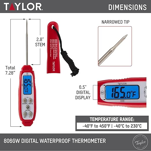 Taylor Digital Instant Read Meat Thermometer for GLP-1 High Protein Meal Prep – Waterproof Kitchen Probe for Chicken, Steak, Lean Cuts, Grill, BBQ – Fast Temperature Check, Blue Backlight Display, Red - Image 3