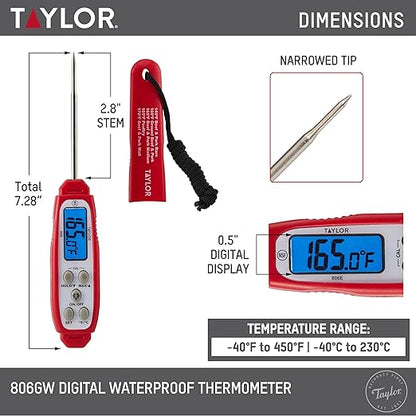 Taylor Digital Instant Read Meat Thermometer for GLP-1 High Protein Meal Prep – Waterproof Kitchen Probe for Chicken, Steak, Lean Cuts, Grill, BBQ – Fast Temperature Check, Blue Backlight Display, Red - Image 3