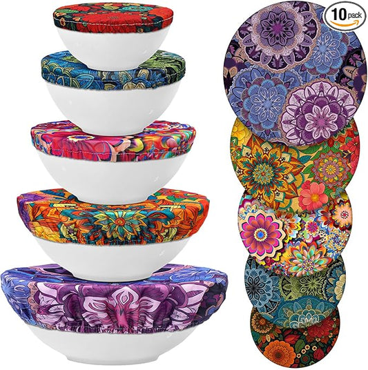 Patelai 10 Pcs Bowl Covers Reusable in 5 Size Stretch Cloth Fabric Elastic Food Storage Bowl Covers Bread Sourdough Lids for Proofing Food Fruits Leftover (Colored,Symmetrical Pattern) by Patelai