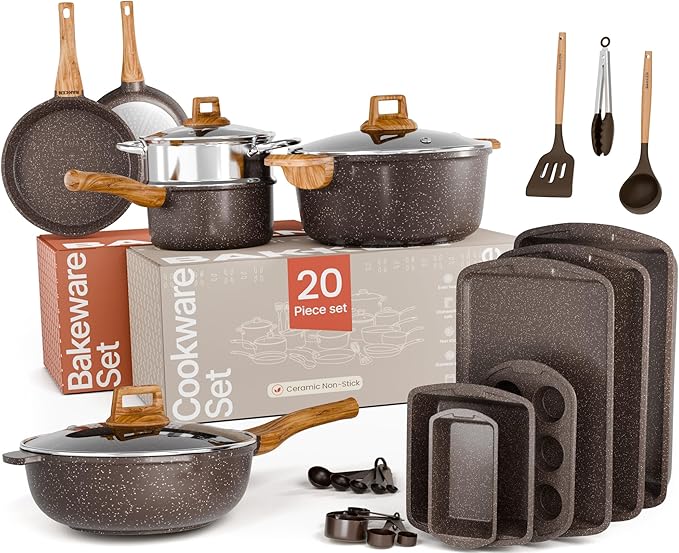 Bakken Master 20 Piece Cookware Set - Pots and Pans with Handle Grips and Tempered Glass Lids, With 6-piece Bakeware Set, Nonstick Granite Coating, Ceramic Max Temperature (Up To 500°F), Brown Marble by BAKK%C3%8BNMASTER