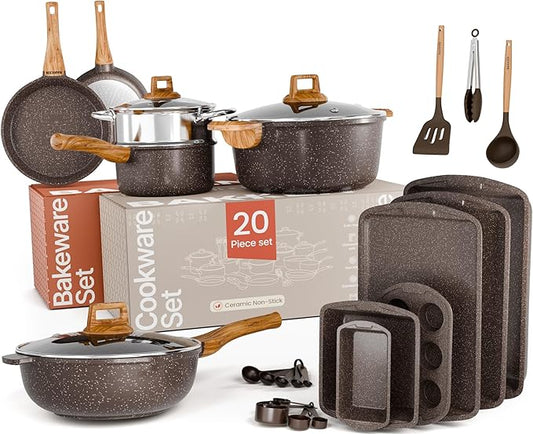 Bakken Master 20 Piece Cookware Set - Pots and Pans with Handle Grips and Tempered Glass Lids, With 6-piece Bakeware Set, Nonstick Granite Coating, Ceramic Max Temperature (Up To 500°F), Brown Marble by BAKK%C3%8BNMASTER