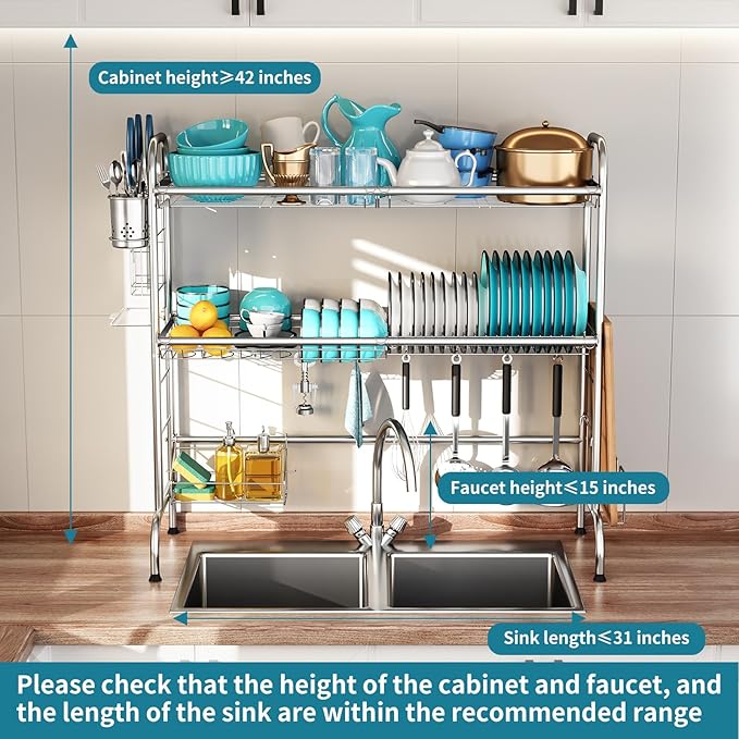 HOWDIA 3-Tier Over The Sink Dish Drying Rack,Stainless Steel Dish Rack with Cutlery Holder & Chopping Board Rack, 33.9” x 11.4” x 32.3” for Maximum Kitchen Storage（Black） - Image 3
