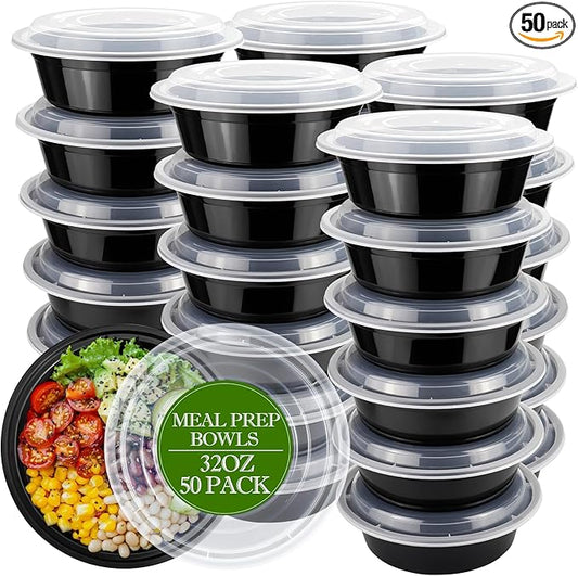 Meal Prep Containers Reusable 32oz - Meal Prep Bowls with Lids 50 Pack, Round Food Prep Bowls for Takeout, Disposable To Go Food Containers, Stackable, Leakproof, BPA-Free, Microwave/Freezer Safe by RANLITTLE