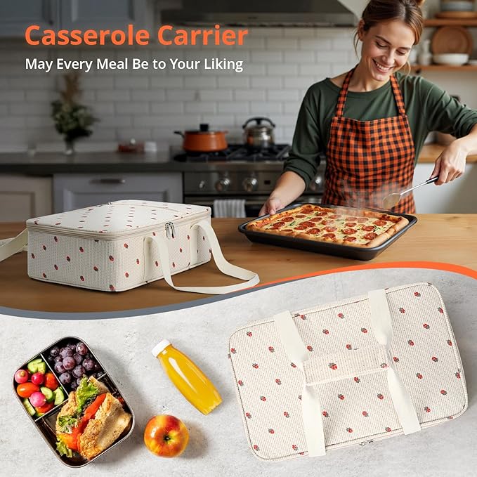 Insulated Casserole Carrier for Hot or Cold Food,Pie Carrier Bag Lunch Bag Tote for Potluck Parties/Picnic/Cookouts, Fits 9"x13" Baking Dish,Single Corduroy Strawberry