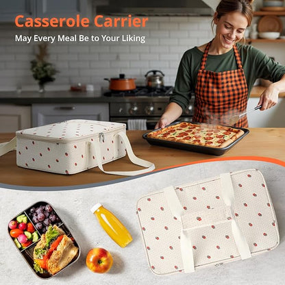 Insulated Casserole Carrier for Hot or Cold Food,Pie Carrier Bag Lunch Bag Tote for Potluck Parties/Picnic/Cookouts, Fits 9"x13" Baking Dish,Single Corduroy Strawberry