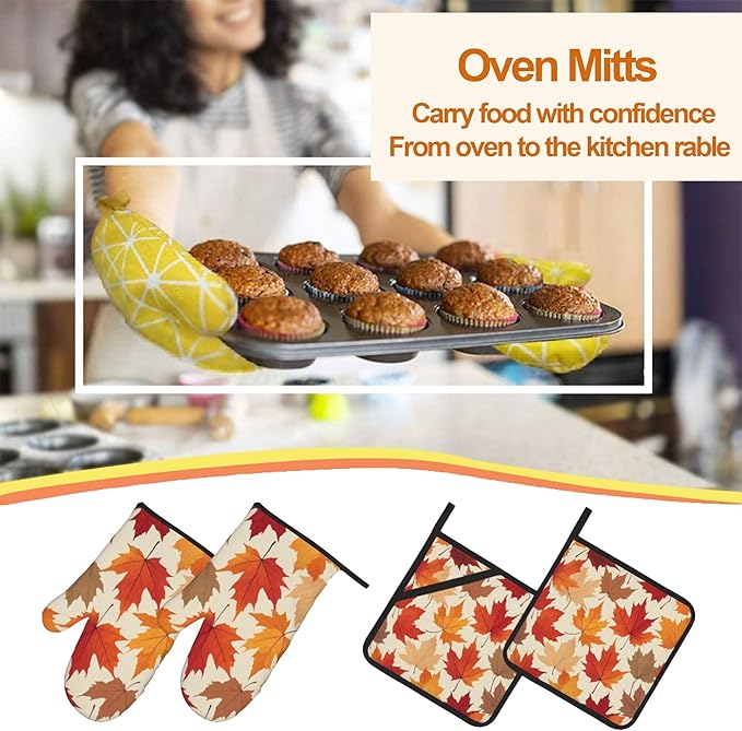 Oven Mitts and Hot Pads Set - Autumn Maple Design, Heat Resistant Cute Pot Holders for Kitchen, Baking Gifts for Women