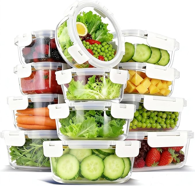 12 Pack Glass Lunch Meal Prep Containers with Lids Airtight Leakproof, Stackable for Microwave, Oven, Freezer and Dishwasher Safe (White) by Bestfull