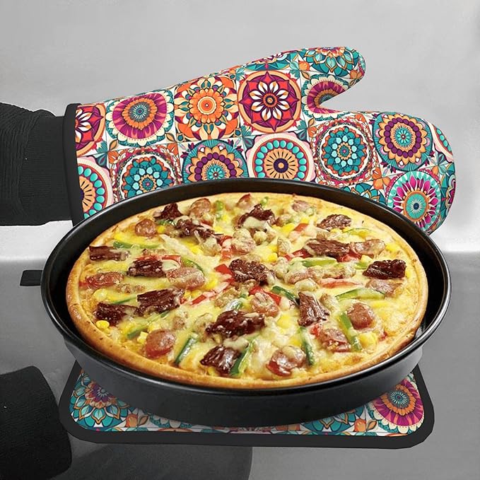 Boho Oven Mitts and Pot Holders - Mexican Flower Kitchen Mitt Sets of 2 Bohemian Oven Gloves Hot Pads for Cooking Baking Grilling - Image 7