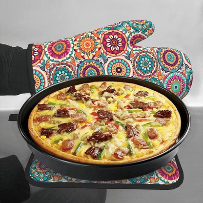 Boho Oven Mitts and Pot Holders - Mexican Flower Kitchen Mitt Sets of 2 Bohemian Oven Gloves Hot Pads for Cooking Baking Grilling - Image 7