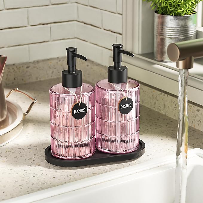 MASADI Soap Dispenser Set with Bamboo Tray, Dish and Hand Soap Lotion Dispenser Set with Wooden Pump for Kitchen and Bathroom Decor for Counter, Modern Vintage Liquid Soap Dispensers (Pink&Black) - Image 5
