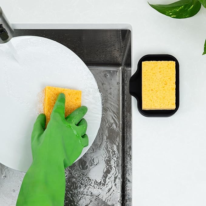Zulay Kitchen Small Silicone Sponge Holder (4.9x3.3”) – Space-Saving Sink Organizer Tray for Sponge, Soap, Brush & More – Compact Non-Slip Dish for Kitchen & Bathroom (Black) - Image 3