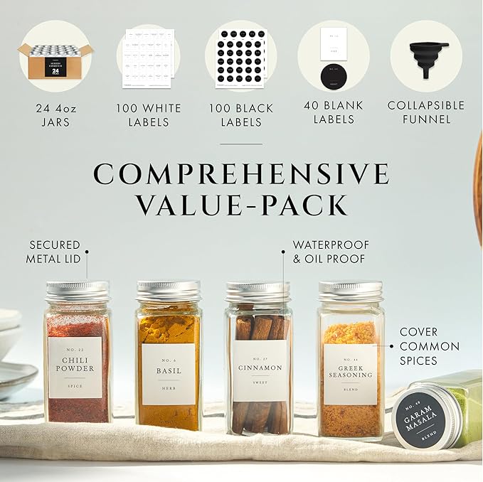 FINESSY Glass Spice Jars with Labels with Metal Lids and Shakers 24 Pack Set, 4oz Small Empty Air Tight Spice Containers with Labels, Clear Seasoning Containers Herb Bottles Kitchen Storage Organizer - Image 4