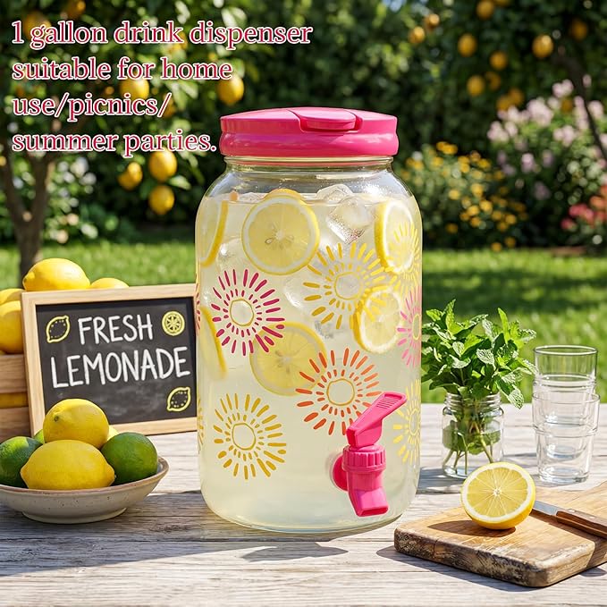 Havawish 2 Pcs 1 Gallon Plastic Beverage Dispenser with Spigot Clear Summer Kitchen Fridge Drink Dispenser for Parties Lemonade Juice Tea Beer Cold Water (Hot Pink,Sun)