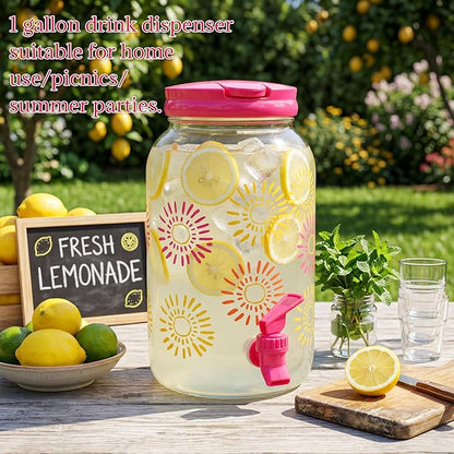 Havawish 2 Pcs 1 Gallon Plastic Beverage Dispenser with Spigot Clear Summer Kitchen Fridge Drink Dispenser for Parties Lemonade Juice Tea Beer Cold Water (Hot Pink,Sun)