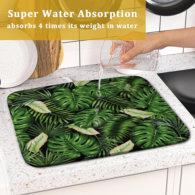 Giwawa Tropical Palm Leaf Dish Drying Mat for Kitchen Countertop, 16"x18" Summer Green Monstera Dish Drainer Mats, Hawaiian Banana Leaves Fast Dry Microfiber Large Dish Drying Pad Decoration