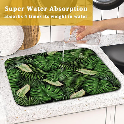 Giwawa Tropical Palm Leaf Dish Drying Mat for Kitchen Countertop, 16"x18" Summer Green Monstera Dish Drainer Mats, Hawaiian Banana Leaves Fast Dry Microfiber Large Dish Drying Pad Decoration