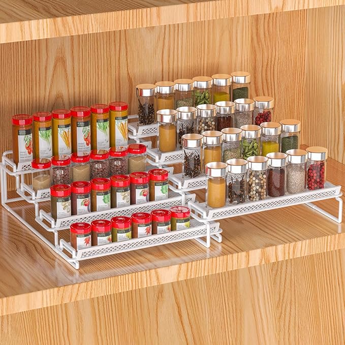 4 Tier Adjustable Spice Rack Organizer for Cabinet - White (2 PCS S&L) Expandable Spice Shelf with Protection Railing for Inside Cabinets, Countertop, Pantry Storage & Seasoning Organization by GREATLUHENGPING