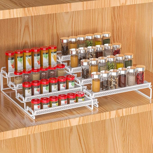 4 Tier Adjustable Spice Rack Organizer for Cabinet - White (2 PCS S&L) Expandable Spice Shelf with Protection Railing for Inside Cabinets, Countertop, Pantry Storage & Seasoning Organization by GREATLUHENGPING
