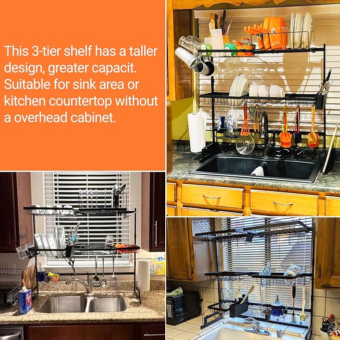 ADBIU Over Sink Dish Drying Rack (Expandable Height/Length) Snap-On Design Large Dish Drainer Storage Counter Organizer 32-40L x 12W x 34-38H (inches) - Image 3