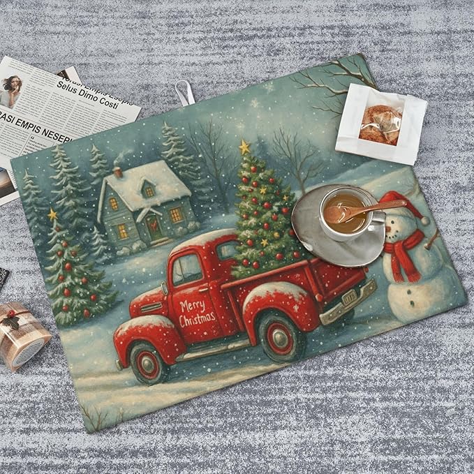 Christmas Red Truck Xmas Tree Snowman Dish Drying Mats for Kitchen Counter, Large 18"x24" Dish Mats for Drying Dishes, Microfiber Absorbent Dish Drying Pad Rack Mat Kitchen Decor Reusable Washable