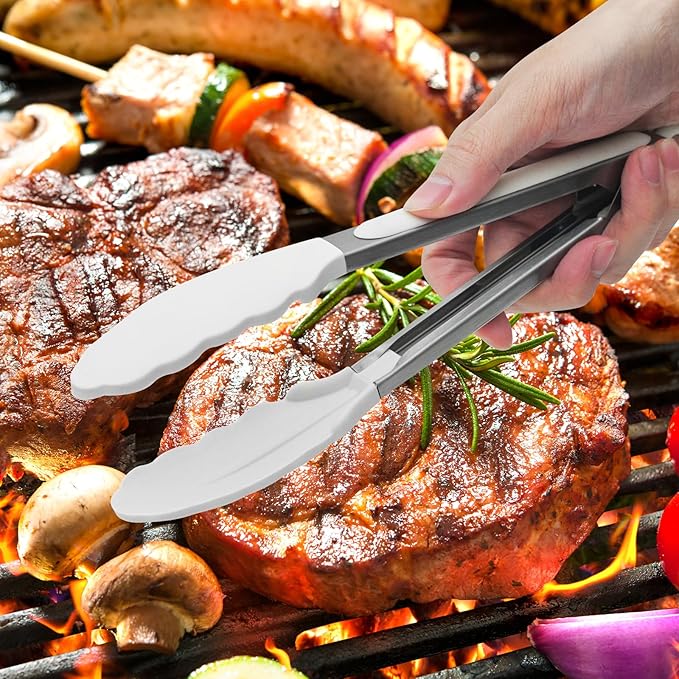 Premium Stainless Steel Heat Resistant Kitchen Tongs for cooking,set of 9" and 12" (White),Non Scratch Silicone cooking Tong Tip for Cooking Pans,Strong Grip BBQ tongs for Grabbing Hot Food - Image 6