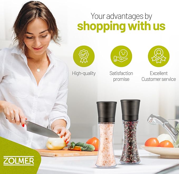ZOLMER® Premium Gunmetal Salt and Pepper Grinder Set | Large Manual Ceramic Grinder - Big Black Pepper Mill, Salt Grinder, and Chili Mill [No Spices Included]