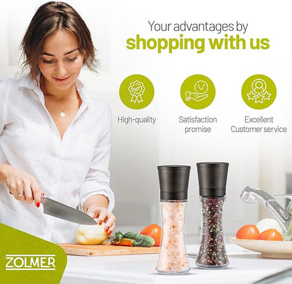 ZOLMER® Premium Gunmetal Salt and Pepper Grinder Set | Large Manual Ceramic Grinder - Big Black Pepper Mill, Salt Grinder, and Chili Mill [No Spices Included]
