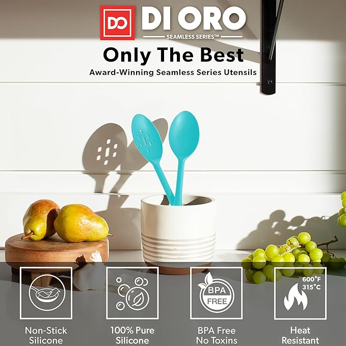 DI ORO Silicone Cooking Spoons - Large Mixing, Serving & Stirring - 600F Heat-Resistant Non-Stick - Big Solid & Slotted Basting Spoons - Dishwasher Safe (2pc, Teal) - Image 2