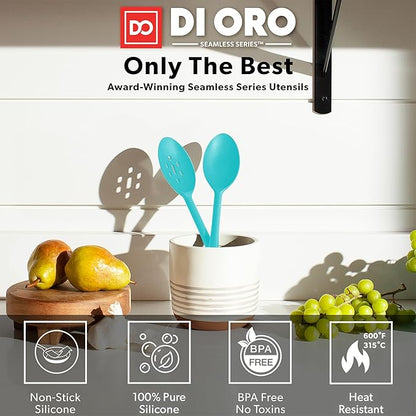 DI ORO Silicone Cooking Spoons - Large Mixing, Serving & Stirring - 600F Heat-Resistant Non-Stick - Big Solid & Slotted Basting Spoons - Dishwasher Safe (2pc, Teal) - Image 2
