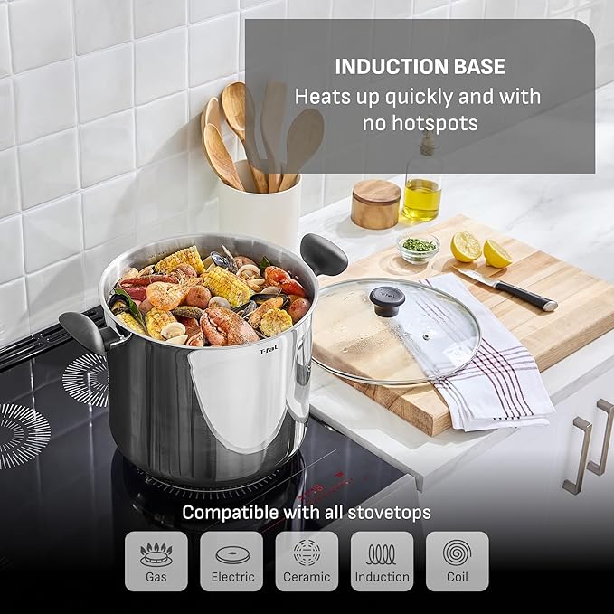 T-fal Specialty Stainless Steel 20-Quart Stock Pot with Lid, Induction Compatible, Soup Pasta Pot, Dishwasher-Safe, Oven Safe Up To 350, Silver